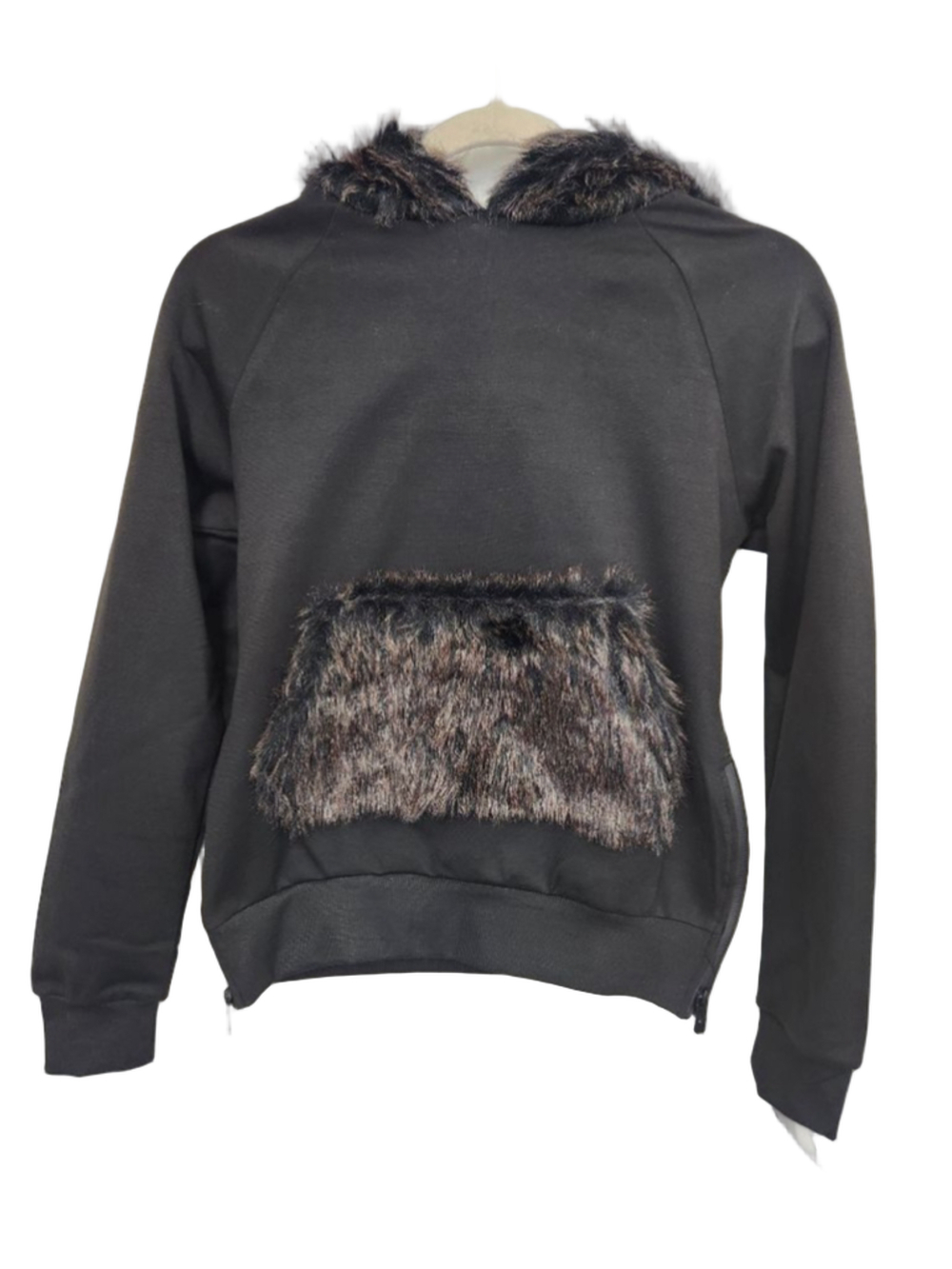 RIFLESSI Black Faux Fur Trim Hoodie S